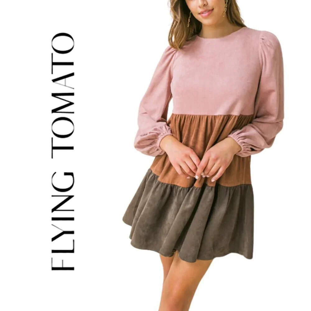 NEW, Flying Tomato, Westwood Color Blocked Long Sleeve Tiered Mini Dress,‎ Pink